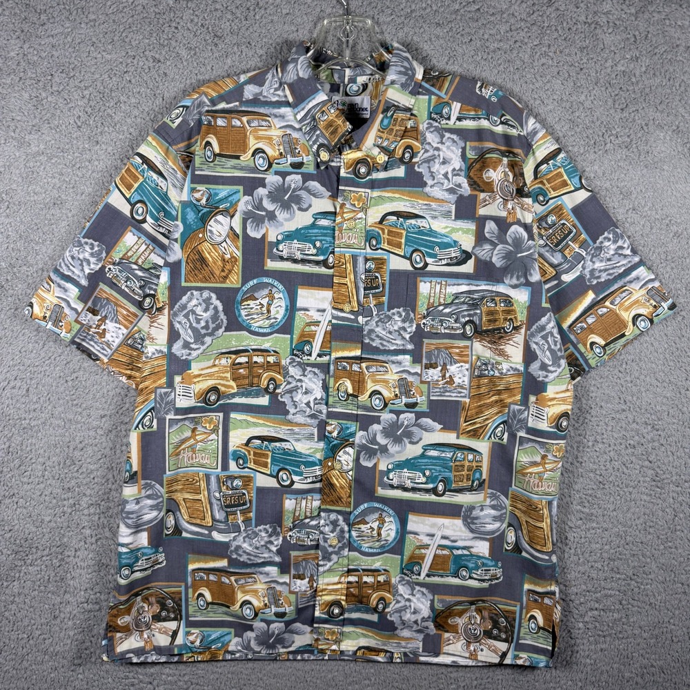 Reyn Spooner Mens Vintage Woody Car Surfboard Hawaiian Shirt Gray Large